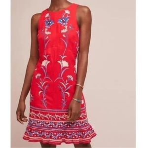 Anthropologie- Akemi + Kin Size XL-Red Sheath Dress with Embroidery & fluted hem